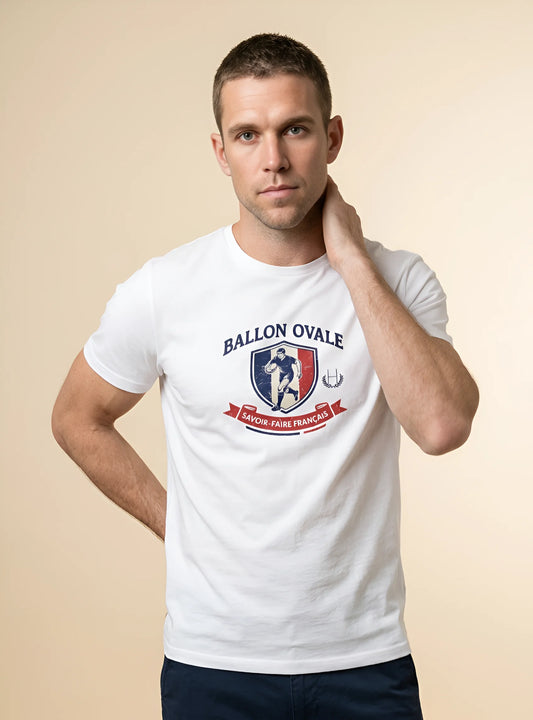 T-shirt Blanc Rugby Ballon Ovale Blason Vintage Savoir-Faire Français poitrine - ballon ovale