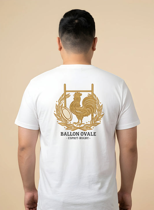 T-shirt Blanc Rugby Ballon Ovale Coq Gaulois Blason Doré Esprit-Rugby dos - ballon ovale