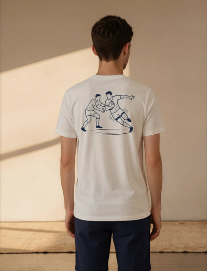 T-shirt blanc Ballon Ovale, illustration line art rugby duel et esquive