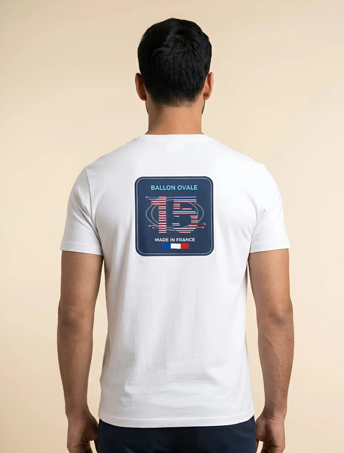 T-shirt Ballon Ovale Numéro 15 Badge Tricolore Homme, vue de dos écusson bleu marine