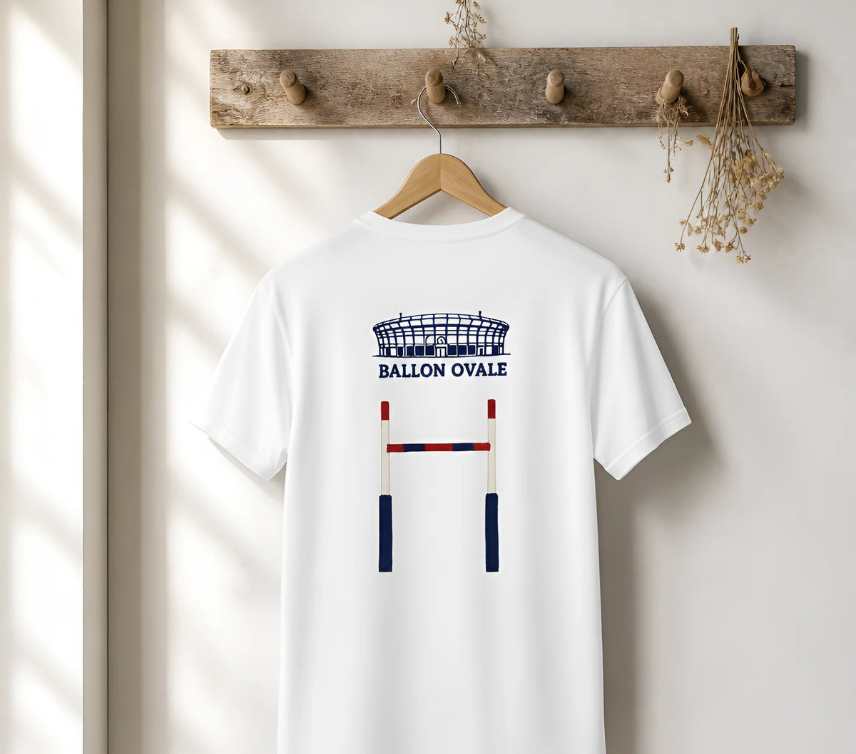 T-shirt Blanc Rugby Ballon Ovale Poteaux Brodés Stade Minimaliste dos - ballon ovale