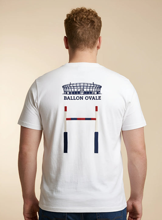 T-shirt Blanc Rugby Ballon Ovale Poteaux Brodés Stade Minimaliste dos - ballon ovale