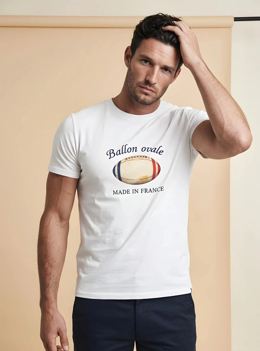 T-shirt blanc Rugby Ballon Tricolore Ballon Ovale, vue face illustration ballon vintage tricolore