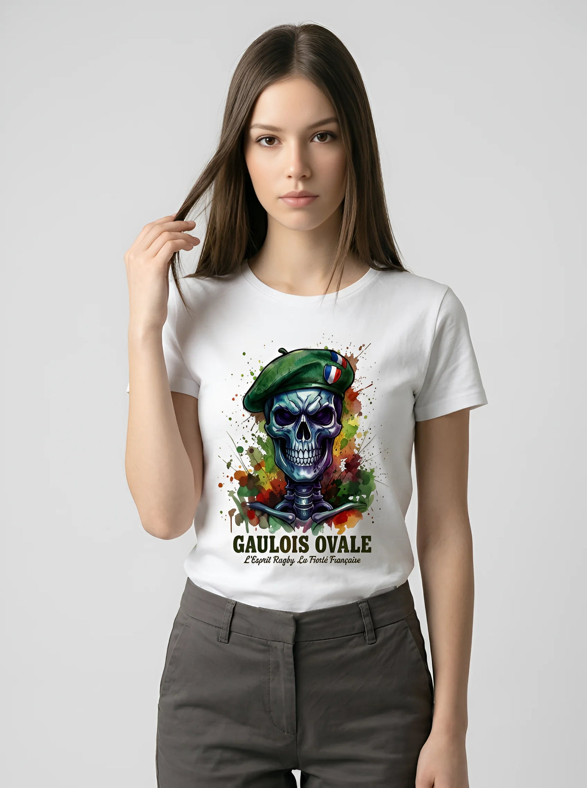 T-shirt Blanc Rugby Gaulois Ovale Crâne Béret Camouflage femme poitrine - ballon ovale