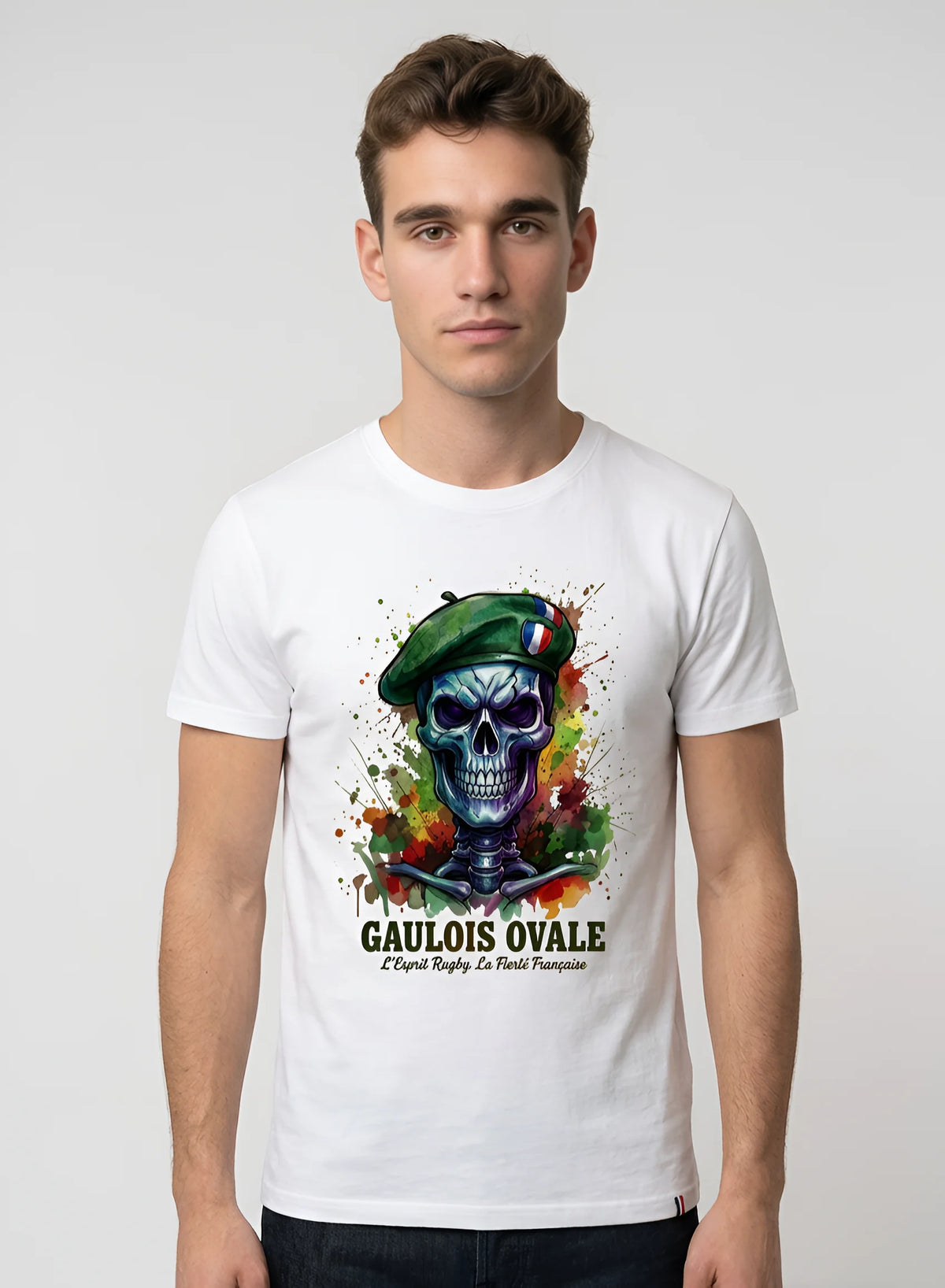 T-shirt Blanc Rugby Gaulois Ovale Crâne Béret Camouflage femme poitrine - ballon ovale