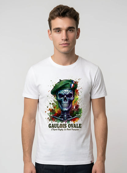 T-shirt Blanc Rugby Gaulois Ovale Crâne Béret Camouflage femme poitrine - ballon ovale