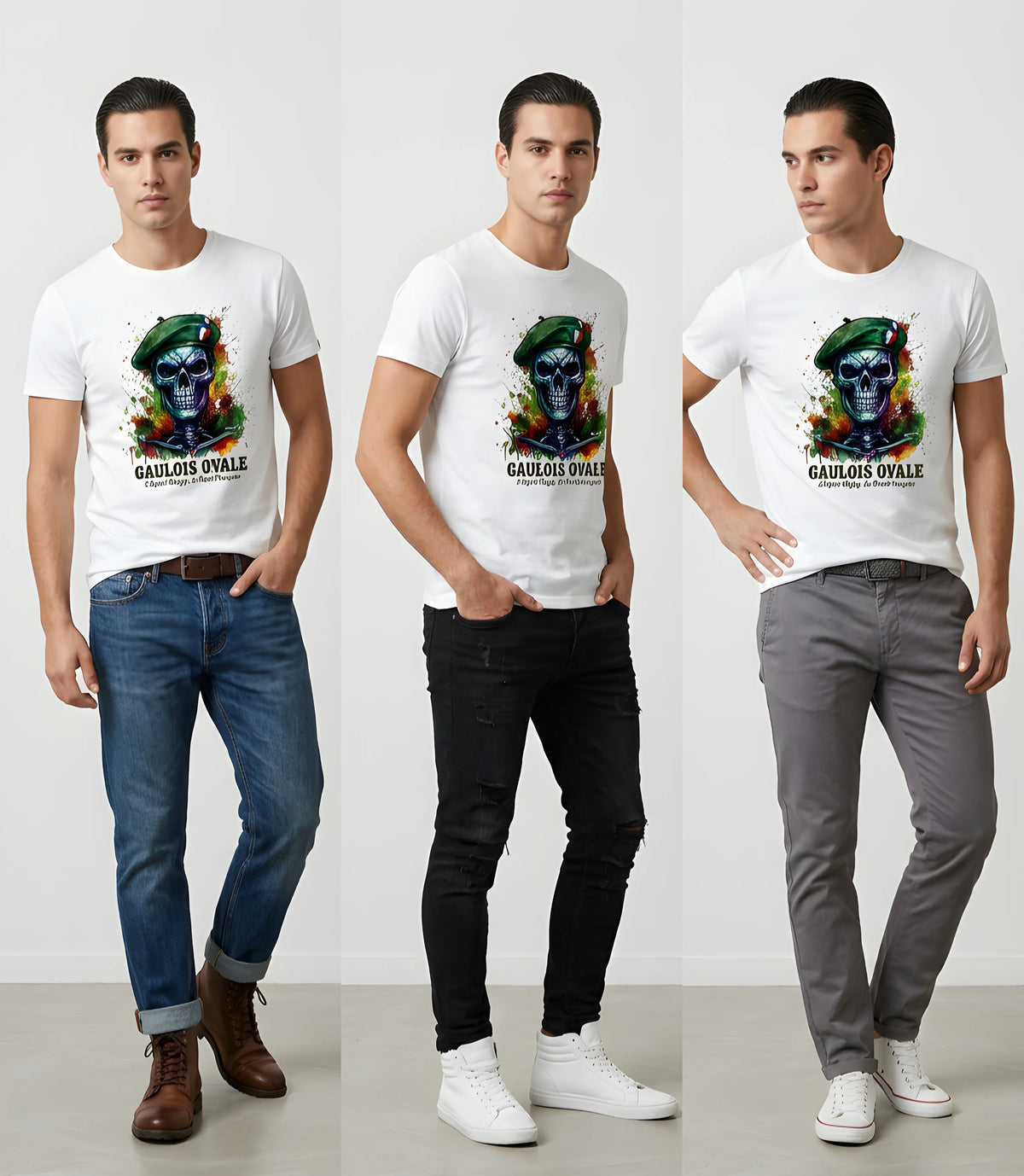 T-shirt Blanc Rugby Gaulois Ovale Crâne Béret Camouflage femme poitrine - ballon ovale