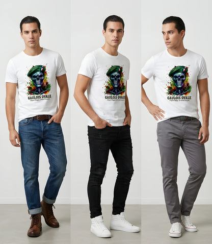 T-shirt Blanc Rugby Gaulois Ovale Crâne Béret Camouflage femme poitrine - ballon ovale