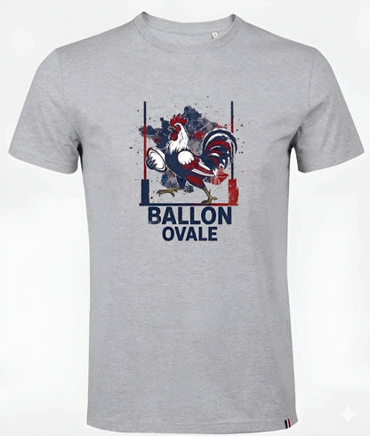 T-shirt rugby Coq Français Ballon Ovale porté, coton peigné