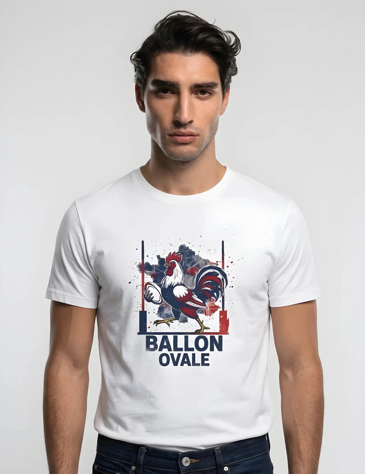 T-shirt rugby Coq Français Ballon Ovale blanc, vue face