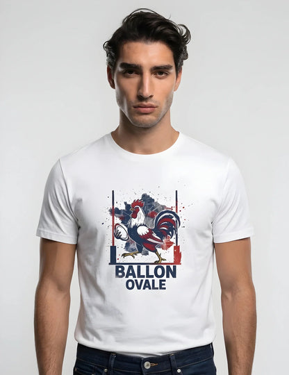 T-shirt rugby Coq Français Ballon Ovale blanc, vue face