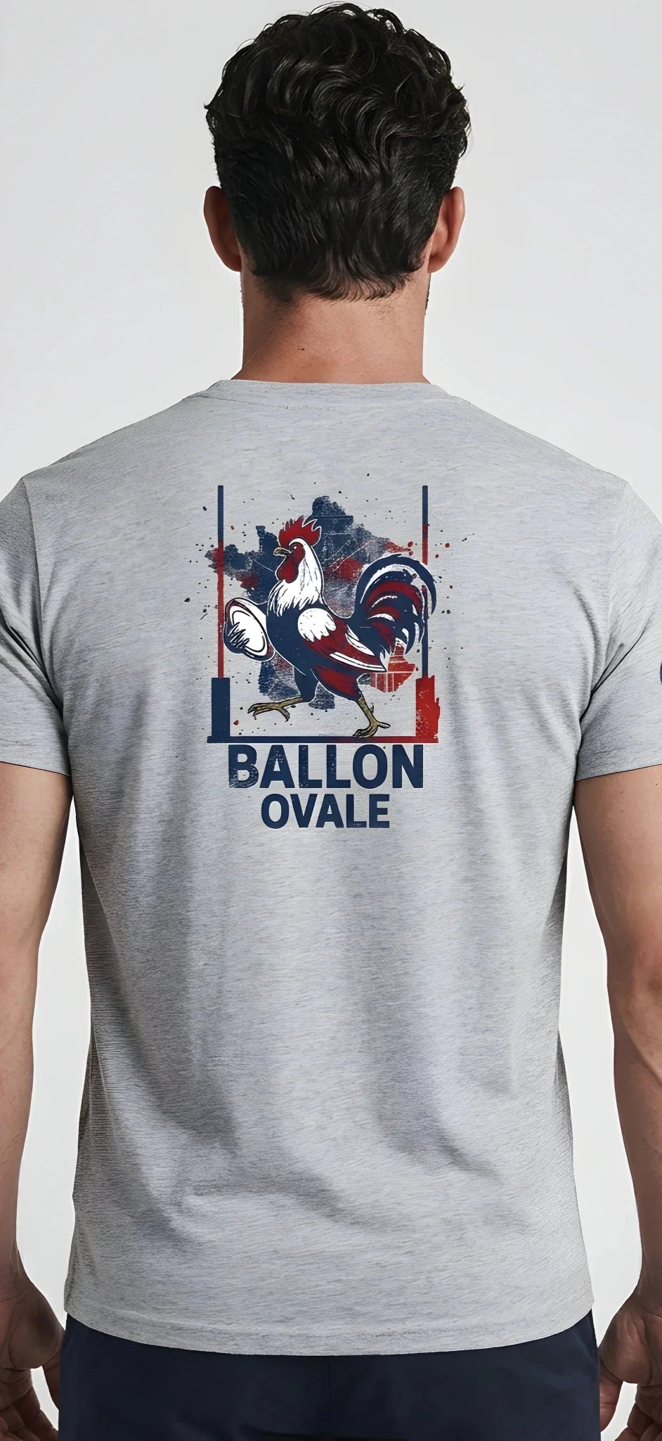 T-shirt rugby Coq Français Ballon Ovale Dos noir, vue de dos