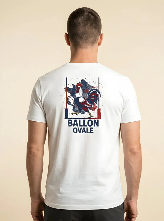 T-shirt rugby Coq Français Ballon Ovale Dos blanc, vue de dos coq gaulois et poteaux