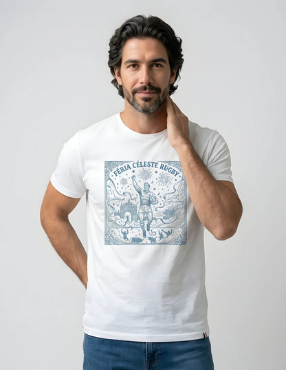 T-shirt Féria Céleste Ballon Ovale blanc, vue face joueur et fête de feria