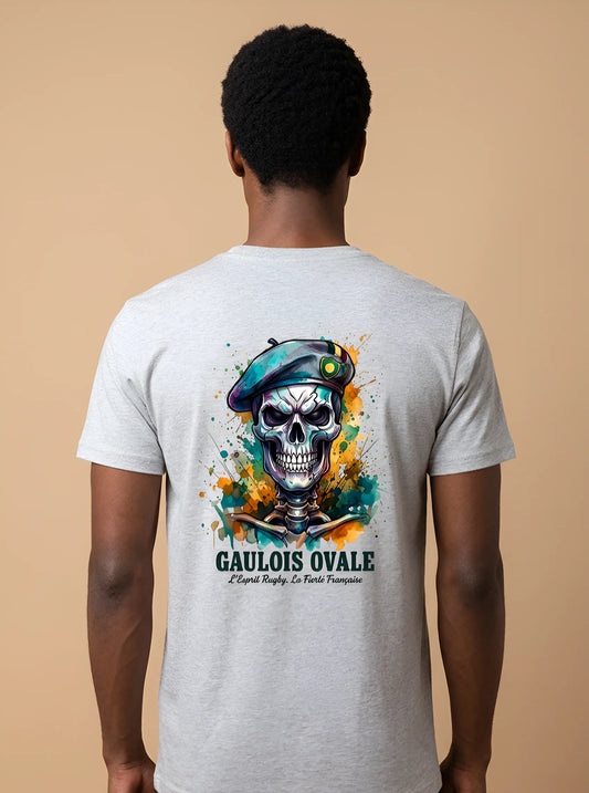 T-shirt Gris Chiné Rugby Gaulois Ovale Crâne Béret Sarcelle dos - ballon ovale