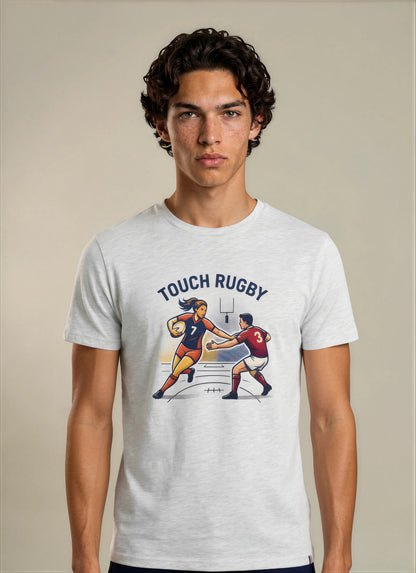 T-shirt gris Touch Rugby Ballon Ovale porté par un homme