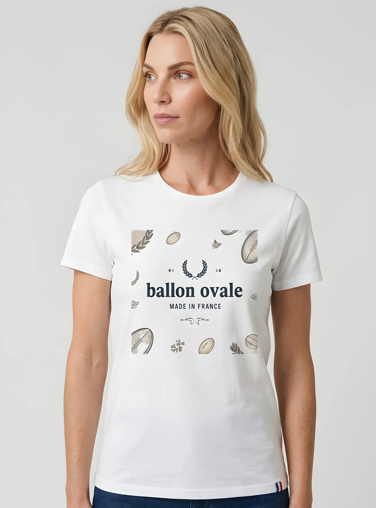 T-shirt blanc Rugby Heritage Gravure Ballon Ovale, vue face
