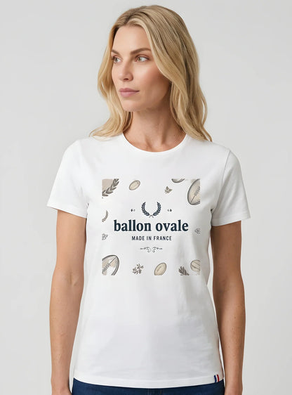 T-shirt blanc Rugby Heritage Gravure Ballon Ovale, vue face