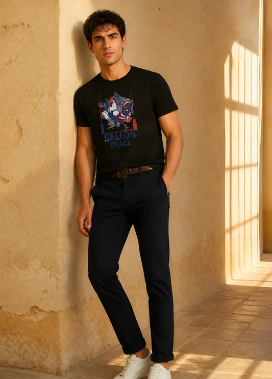 T-shirt rugby Coq Français Ballon Ovale noir, vue face coq gaulois et poteaux