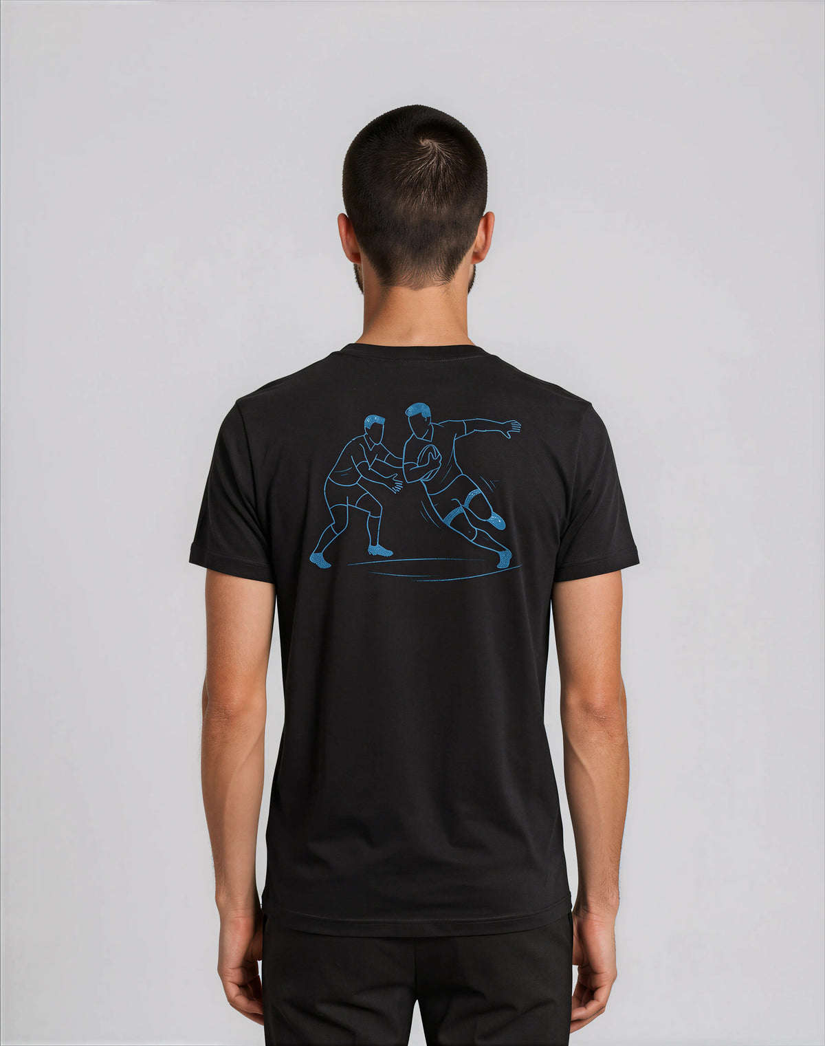 T-shirt noir Ballon Ovale, illustration line art rugby duel et esquive