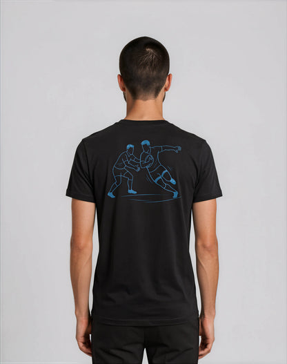 T-shirt noir Ballon Ovale, illustration line art rugby duel et esquive