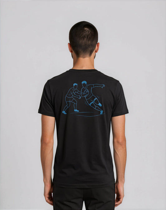 T-shirt noir Ballon Ovale, illustration line art rugby duel et esquive