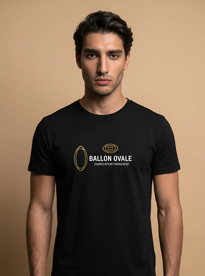 T-shirt Noir Rugby Ballon Ovale Logo Mono Doré Fabrication Française poitrine - ballon ovale