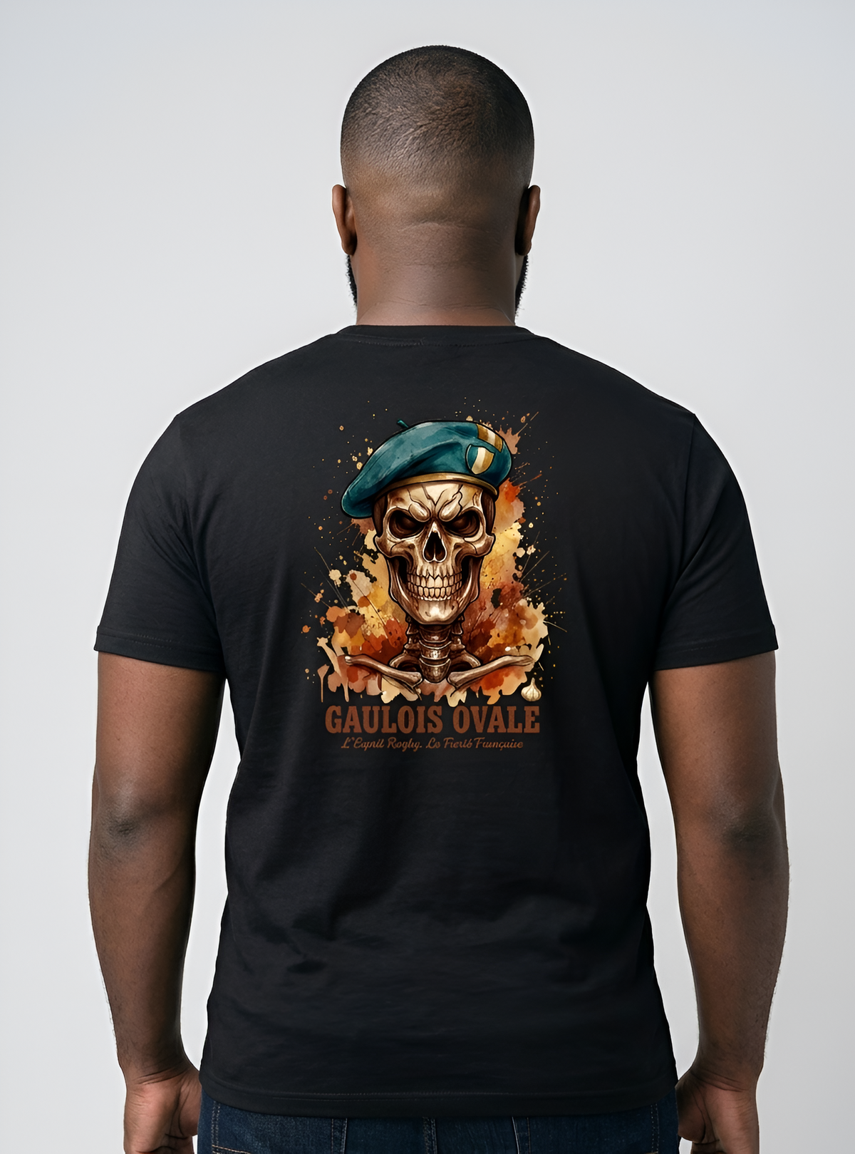 T-shirt Noir Rugby Gaulois Ovale Crâne Béret Tricolore dos - ballon ovale