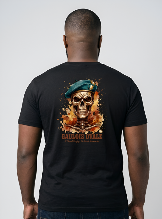 T-shirt Noir Rugby Gaulois Ovale Crâne Béret Tricolore dos - ballon ovale