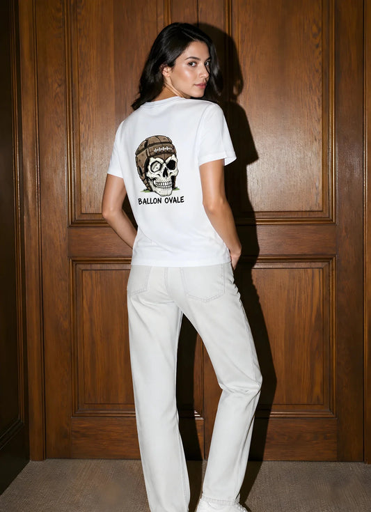T-shirt rugby Ballon Ovale Tête de Mort blanc, vue de dos crâne et casque cuir vintage