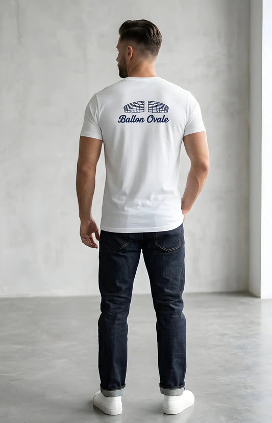 T-shirt rugby Blanc dos Stadium Ballon Ovale, vue de dos graphisme structure stade
