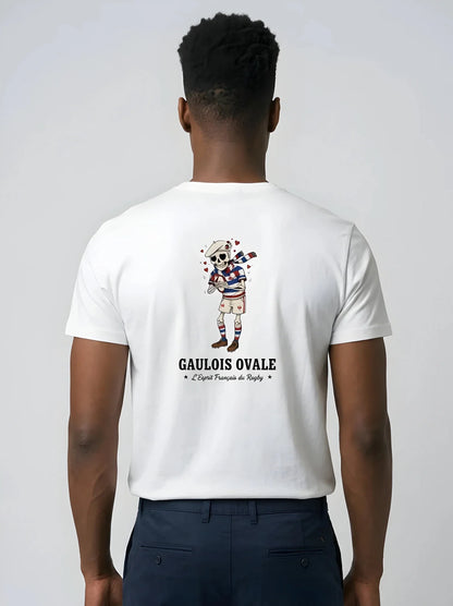 T-shirt rugby Blanc Le Gaulois Ovale Amoureux, vue de dos mascotte coeur en main