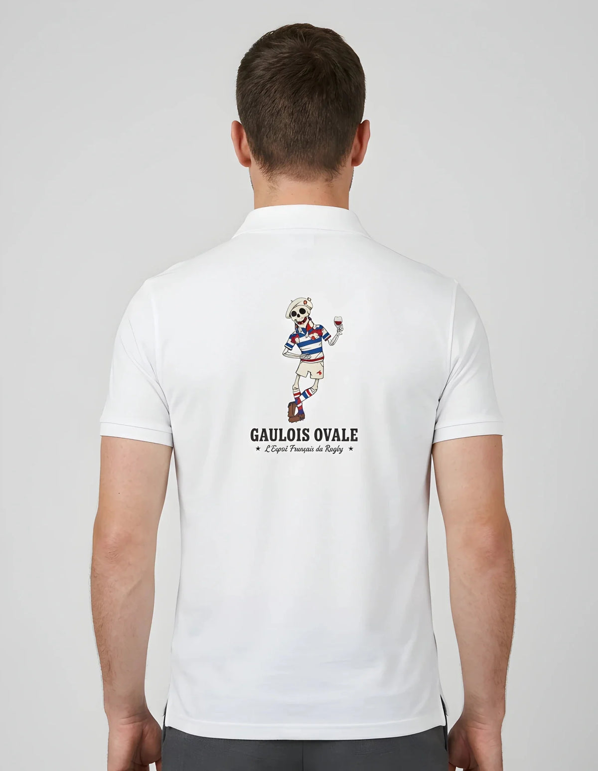 T-shirt rugby Blanc Le Gaulois Ovale avec son Pied, vue de dos mascotte geste du buteur
