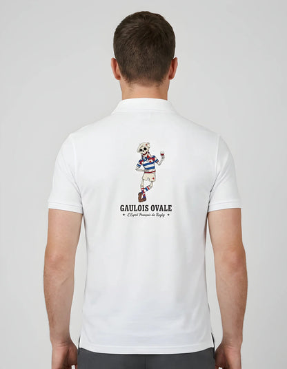 T-shirt rugby Blanc Le Gaulois Ovale avec son Pied, vue de dos mascotte geste du buteur