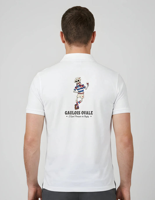 T-shirt rugby Blanc Le Gaulois Ovale avec son Pied, vue de dos mascotte geste du buteur