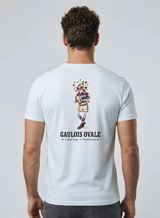 T-shirt rugby Blanc Le Gaulois Ovale Coeur, vue de dos mascotte ballon contre le coeur