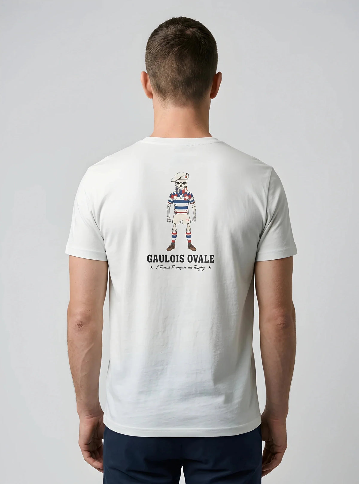 T-shirt rugby Blanc Le Gaulois Ovale Concentré, vue de dos mascotte regard concentré