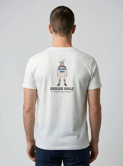 T-shirt rugby Blanc Le Gaulois Ovale Concentré, vue de dos mascotte regard concentré