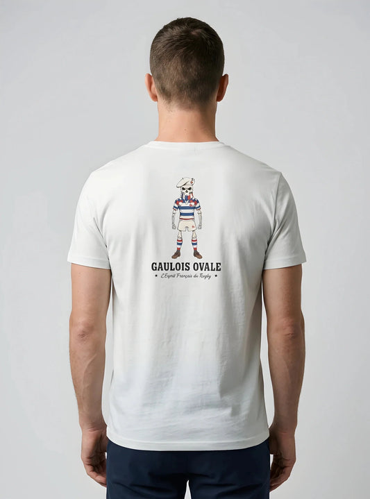T-shirt rugby Blanc Le Gaulois Ovale Concentré, vue de dos mascotte regard concentré