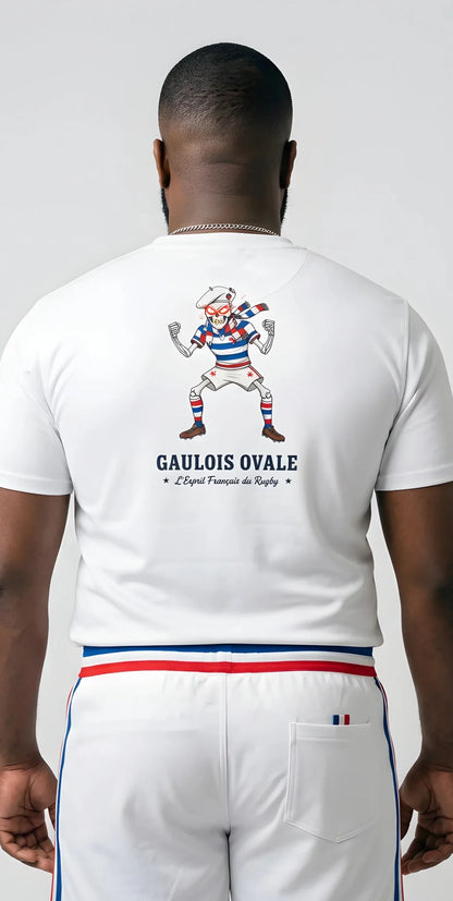 T-shirt rugby Blanc Le Gaulois Ovale Énervé V2, vue de dos mascotte rage contrôlée