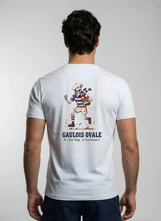 T-shirt rugby Blanc Le Gaulois Ovale Gagnant, vue de dos mascotte bras levés victoire