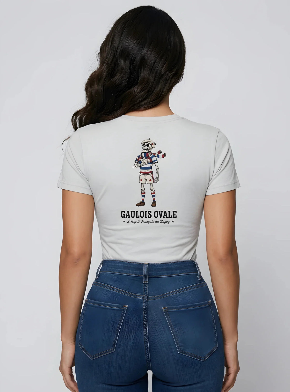 T-shirt rugby Blanc Le Gaulois Ovale Hymne, vue de dos mascotte main sur le coeur