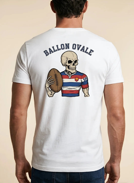T-shirt rugby Blanc Le Gaulois Ovale Numéro 10, vue de dos mascotte maillot rayé