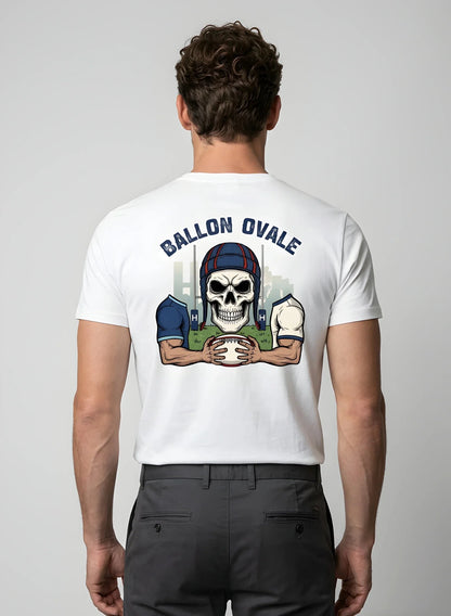 T-shirt rugby Blanc Le Gaulois Ovale Vintage Stade, vue de dos mascotte entre les poteaux