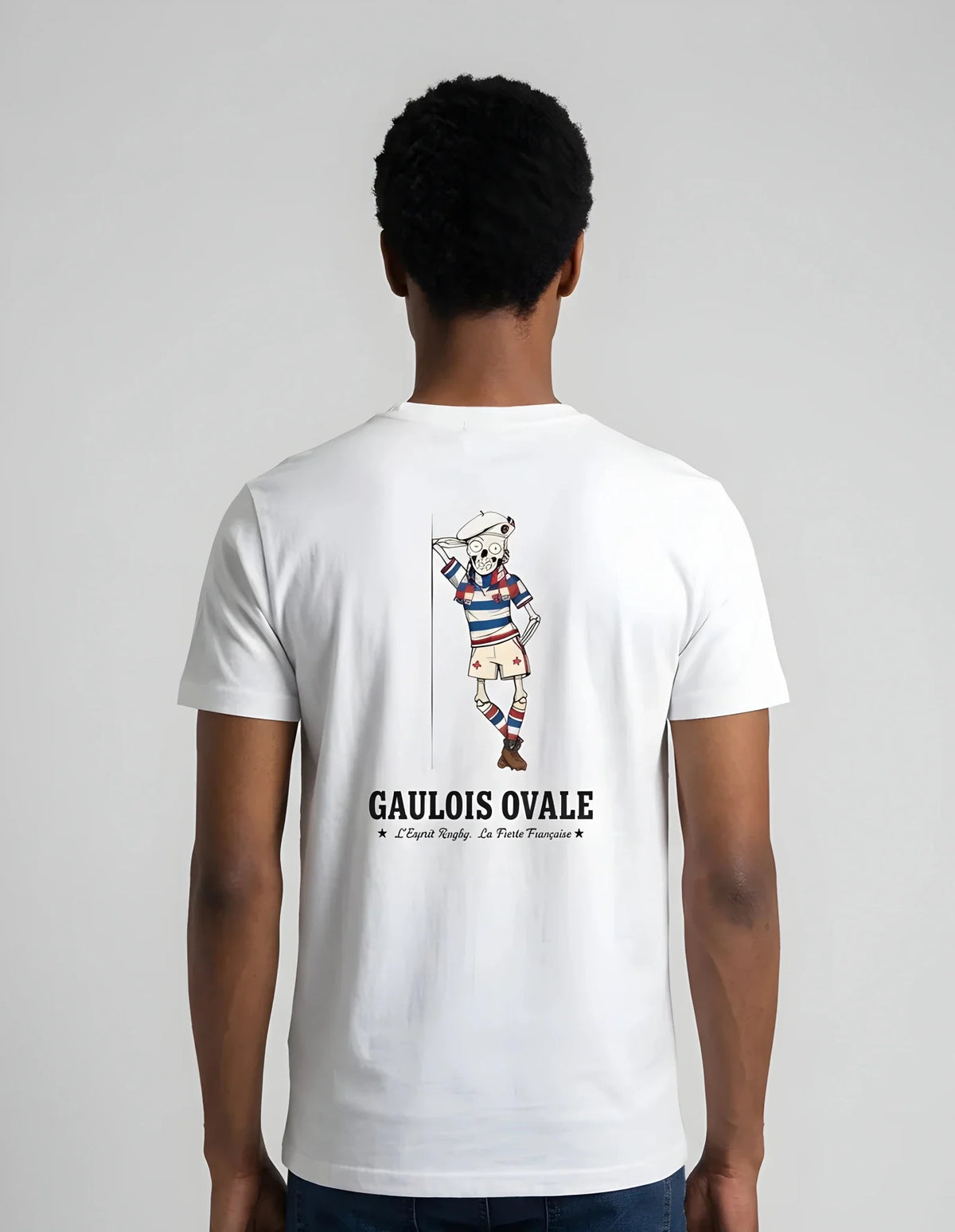 T-shirt rugby Blanc Le Gaulois Ovale Yeux Blanc, vue de dos mascotte regard intense