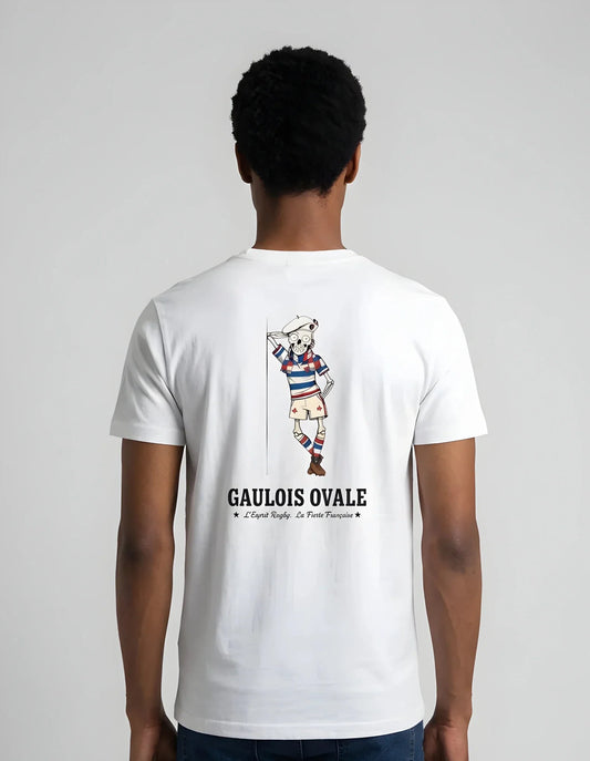 T-shirt rugby Blanc Le Gaulois Ovale Yeux Blanc, vue de dos mascotte regard intense