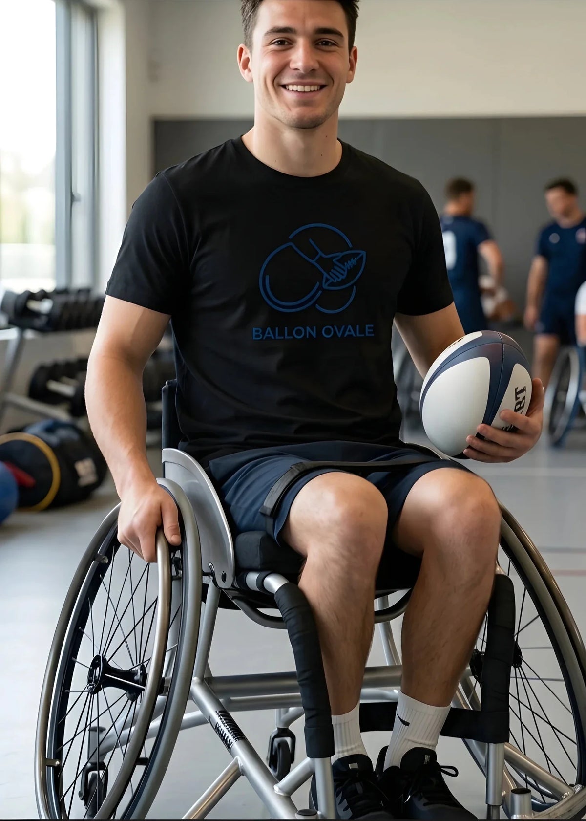 T-shirt Rugby fauteuil Ballon Ovale blanc, vue face logo Collection Quad