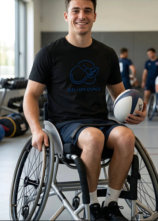 T-shirt Rugby fauteuil Ballon Ovale blanc, vue face logo Collection Quad
