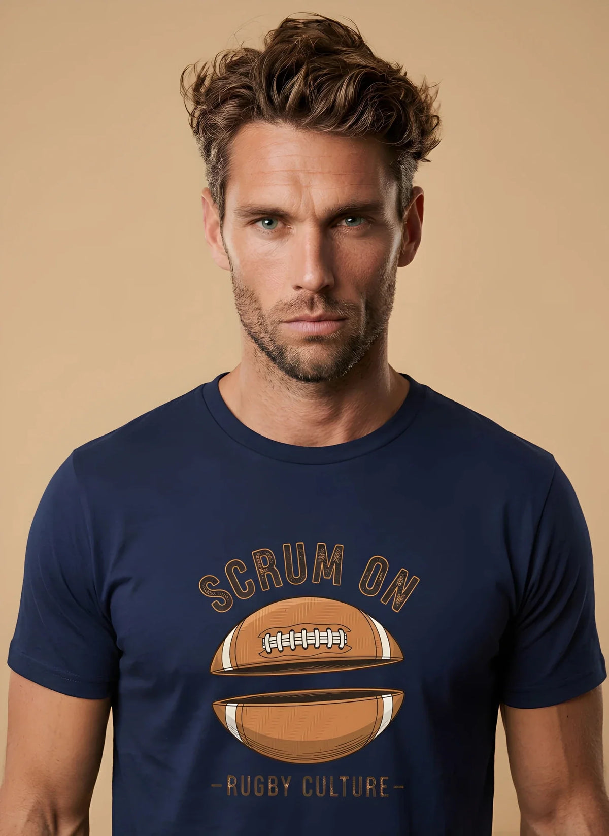 T-shirt rugby homme Scrum On marine, vue face visuel ballon scindé