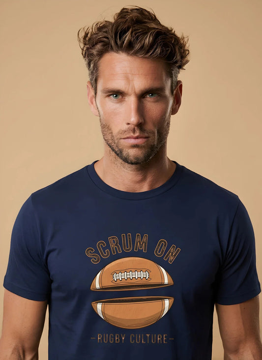T-shirt rugby homme Scrum On marine, vue face visuel ballon scindé